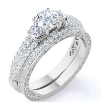 JeenMata 1.75 ct - Round Real 3 Stone Diamond - Past Present Future Ring - Victorian - Vintage Wedding Ring Set - 10K White Gold