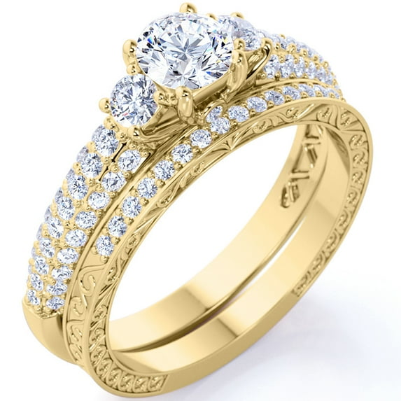 JeenMata 1.75 ct - Round Real 3 Stone Moissanite - Past Present Future Ring - Victorian - Vintage Wedding Ring Set - 10K Yellow Gold