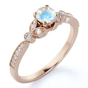 JeenMata 1 ct - Round Real Rainbow Moonstone Ring - June Birthstone - Vintage Engagement Ring - 18K Rose Gold Over Silver