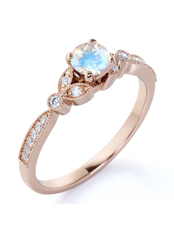 1 ct - Round Real Rainbow Moonstone Ring - June Birthstone - Vintage Engagement Ring - 18K Rose Gold Over Silver