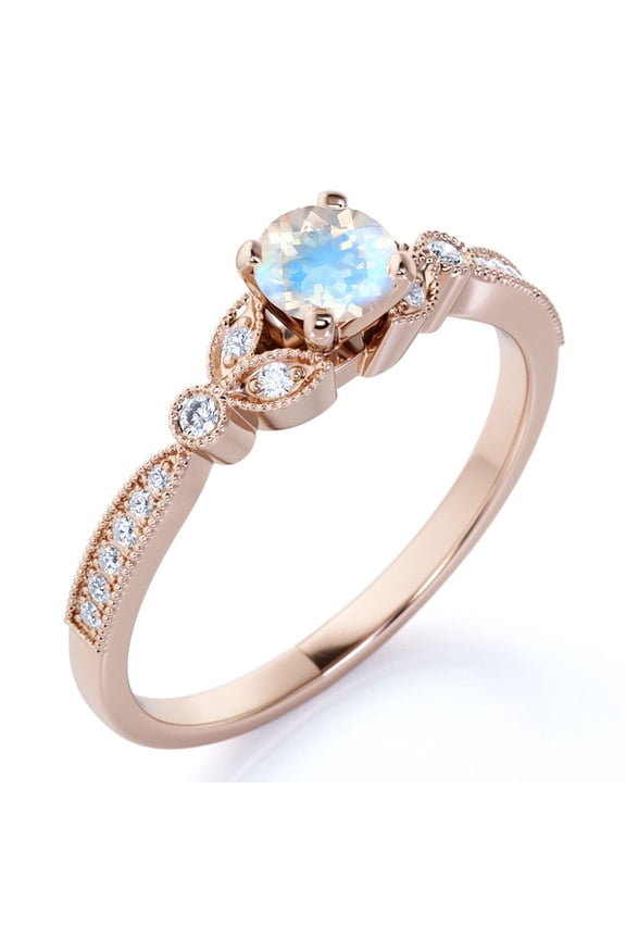 1 ct - Round Real Rainbow Moonstone Ring - June Birthstone - Vintage Engagement Ring - 18K Rose Gold Over Silver
