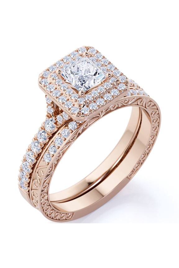 1.75 ct - Square Cut Moissanite - Pave Set - Split Band - Double Halo Engagement Ring - Bridal Set - 18K Rose Gold over Silver