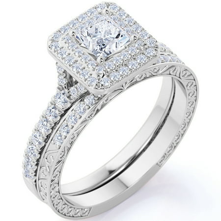 JeenMata 1.75 ct - Square Cut Moissanite - Pave Set - Split Band - Double Halo Engagement Ring - Bridal Set - 18K White Gold Plating for Women