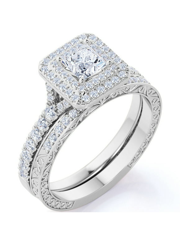 JeenMata 1.75 ct - Square Cut Moissanite - Pave Set - Split Band - Double Halo Engagement Ring - Bridal Set - 18K White Gold over Silver