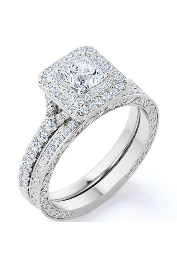 1.75 ct - Square Cut Moissanite - Pave Set - Split Band - Double Halo Engagement Ring - Bridal Set - 18K White Gold Plating for Women