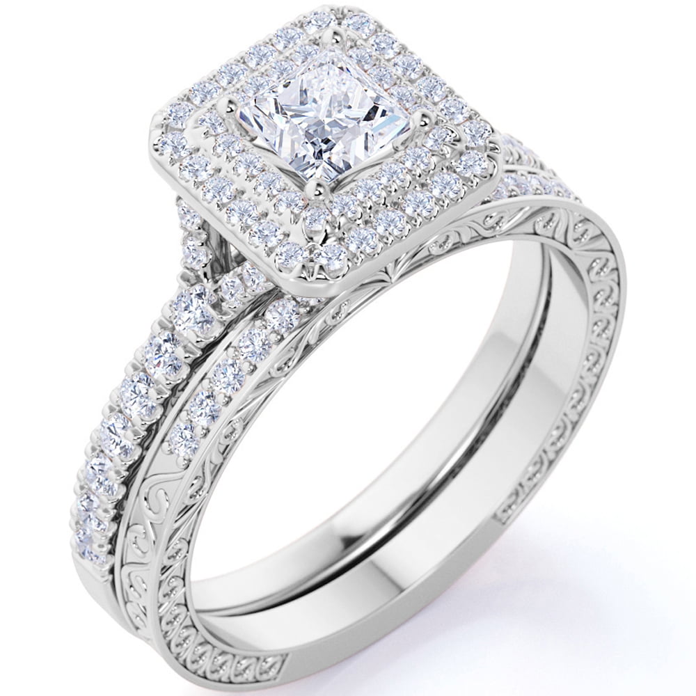JeenMata 1.75 ct - Square Cut Moissanite - Pave Set - Split Band - Double Halo Engagement Ring - Bridal Set - 18K White Gold Plating for Women