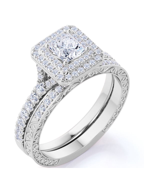1.75 ct - Square Cut Moissanite - Pave Set - Split Band - Double Halo Engagement Ring - Bridal Set - 18K White Gold Plating for Women