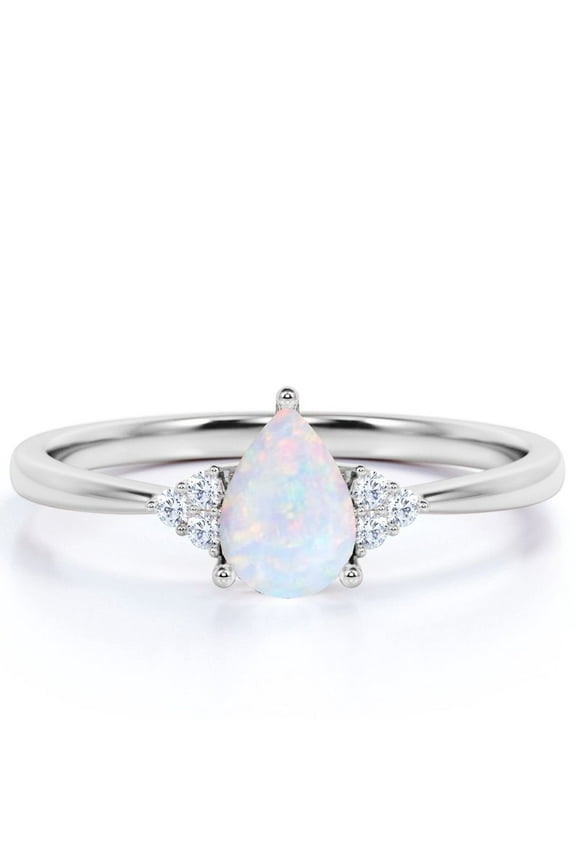 1.75 ct Teardrop Real Opal and Moissanite Tapered Engagement Ring in 18K White Gold over Silver