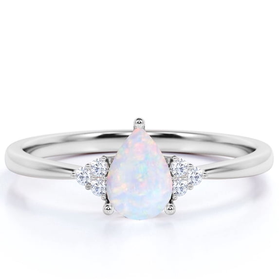 JeenMata 1.75 ct Teardrop Real Opal and Moissanite Tapered Engagement Ring in 18K White Gold over Silver