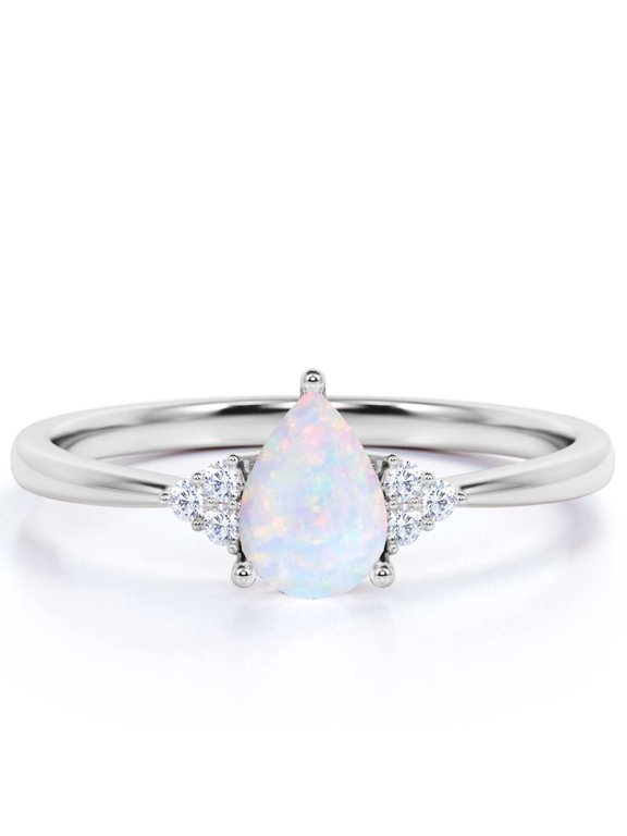 1.75 ct Teardrop Real Opal and Moissanite Tapered Engagement Ring in 18K White Gold over Silver