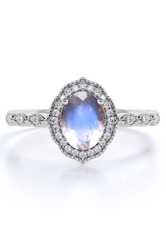 1.75 ct Vintage Art Deco Oval Blue Moonstone and Moissanite Halo Wedding Ring in 18K White Gold over Silver