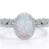 JeenMata 1.75 ct Vintage Oval Cut Opal and Moissanite Wedding Ring Set in 18K White Gold over Silver