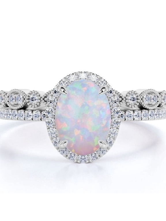 1.75 ct Vintage Oval Cut Opal and Moissanite Wedding Ring Set in 18K White Gold over Silver