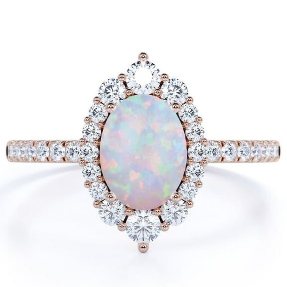 JeenMata 1.75 ct Vintage Oval Welo Opal and Moissanite Halo Promise Ring in 18K Rose Gold over Silver