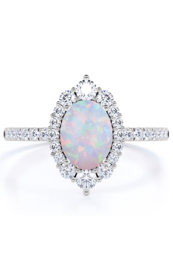 1.75 ct Vintage Oval Welo Opal and Moissanite Halo Promise Ring in 18K White Gold over Silver