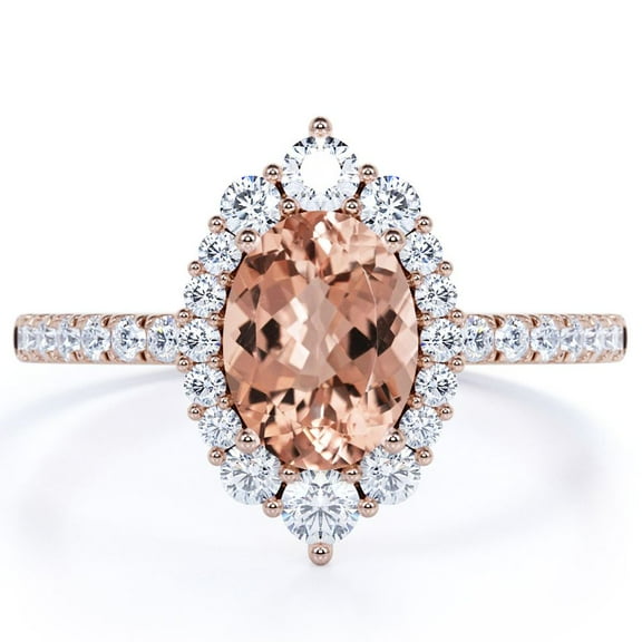 JeenMata 1.75 ct Vintage Oval created morganite and Moissanite Halo Promise Ring in 18K Rose Gold over Silver
