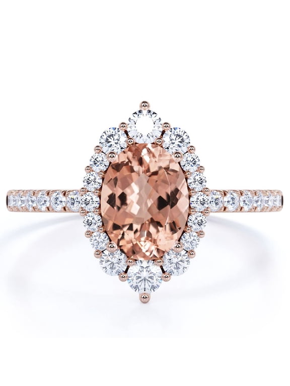 1.75 ct Vintage Oval created morganite and Moissanite Halo Promise Ring in 18K Rose Gold over Silver