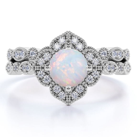 JeenMata 1.75 ct Vintage Round Blue Opal and Moissanite Bridal Ring Set in 18K White Gold over Silver