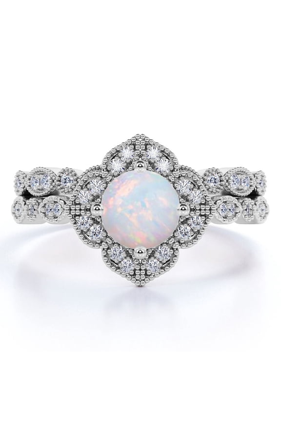 1.75 ct Vintage Round Blue Opal and Moissanite Bridal Ring Set in 18K White Gold over Silver