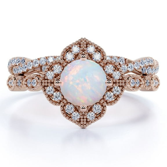 JeenMata 1.75 ct Vintage Round Cut Opal and Moissanite Halo Wedding Ring Set 18K Rose Gold over Silver