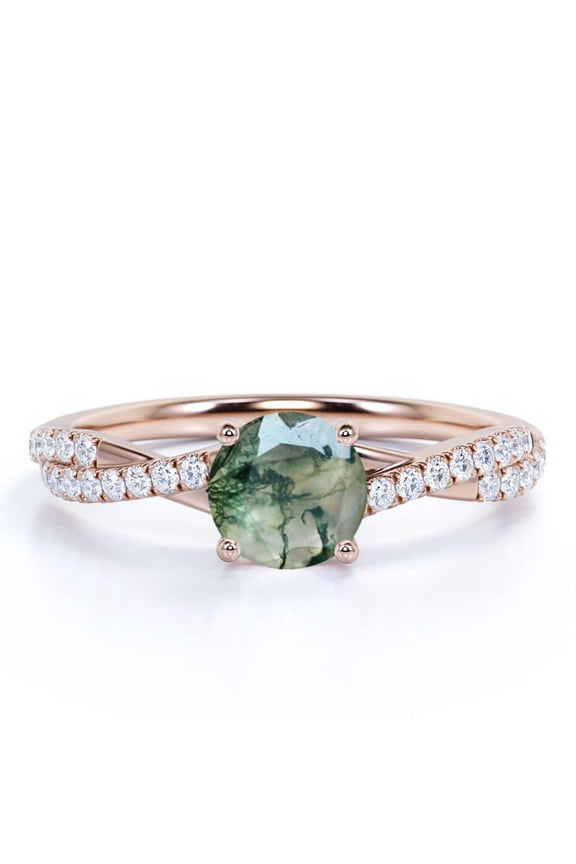 1 Carat 4 Prong Round Natural Druzy Moss Green Agate And Moissanite Pave Twisted Infinity Engagement Ring In 18K Rose Gold Plating Over Silver