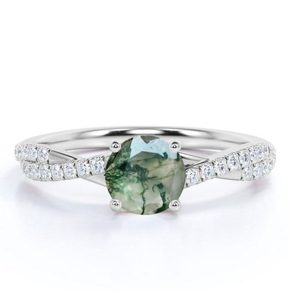 JeenMata 1 Carat 4 Prong Round Natural Druzy Moss Green Agate And Moissanite Pave Twisted Infinity Engagement Ring In 18K White Gold Plating Over Silver