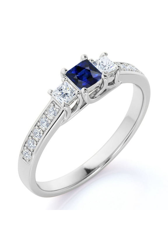 1 Carat Ceylon Blue - Princess Cut Lab Created Blue Sapphire Ring - 3 Stone Lab Created Blue Sapphire Ring - Lab Created Blue Sapphire - Engagement Ring - 18K White Gold over Silver