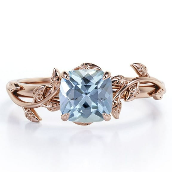 JeenMata 1 Carat Cushion Cut Created Aquamarine - 4 Prong Setting - Nature Inspired Engagement Ring - 18K Rose Gold Plating over Silver