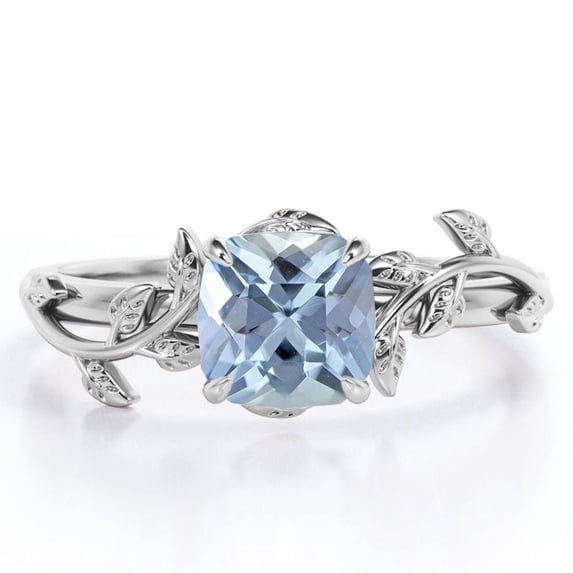 JeenMata 1 Carat Cushion Cut Created Aquamarine - 4 Prong Setting - Nature Inspired Engagement Ring - 18K White Gold Plating over Silver