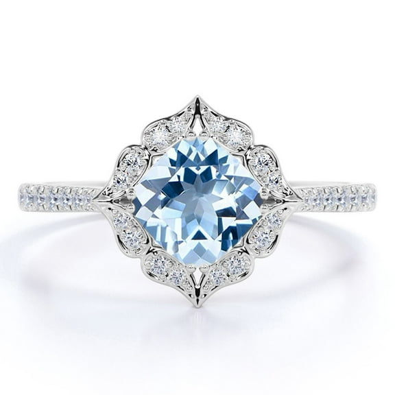 JeenMata 1 Carat Cushion Cut Created Aquamarine and Moissanite Halo Engagement Ring in 18k White Gold over Silver