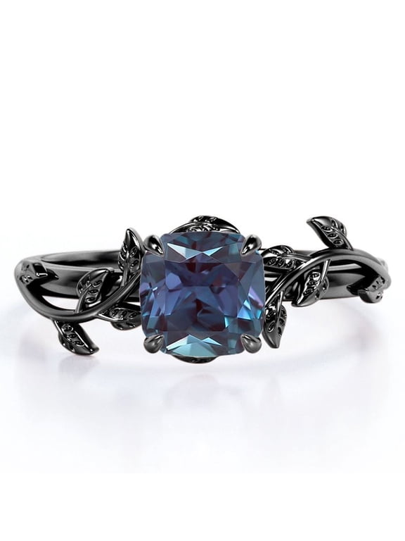 1 Carat Cushion Cut Lab Created Alexandrite - 4 Prong Setting - Nature Inspired Engagement Ring - Black Plating over Silver