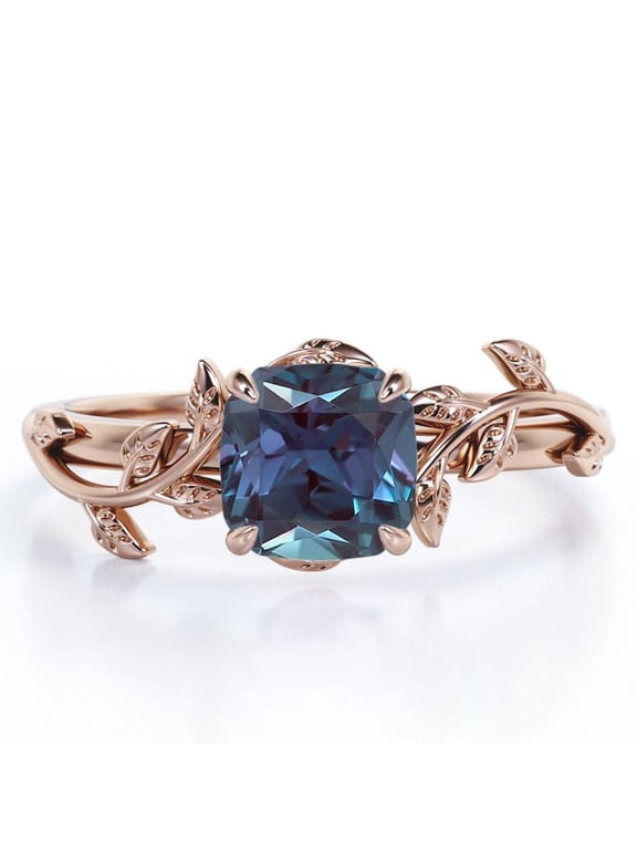 1 Carat Cushion Cut Lab Created Alexandrite - 4 Prong Setting - Nature Inspired Engagement Ring - 18K Rose Gold Plating over Silver