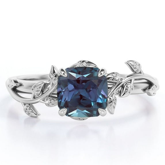 JeenMata 1 Carat Cushion Cut Lab Created Alexandrite - 4 Prong Setting - Nature Inspired Engagement Ring - 18K White Gold Plating over Silver