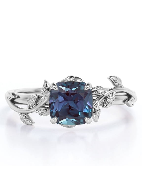 1 Carat Cushion Cut Lab Created Alexandrite - 4 Prong Setting - Nature Inspired Engagement Ring - 18K White Gold Plating over Silver