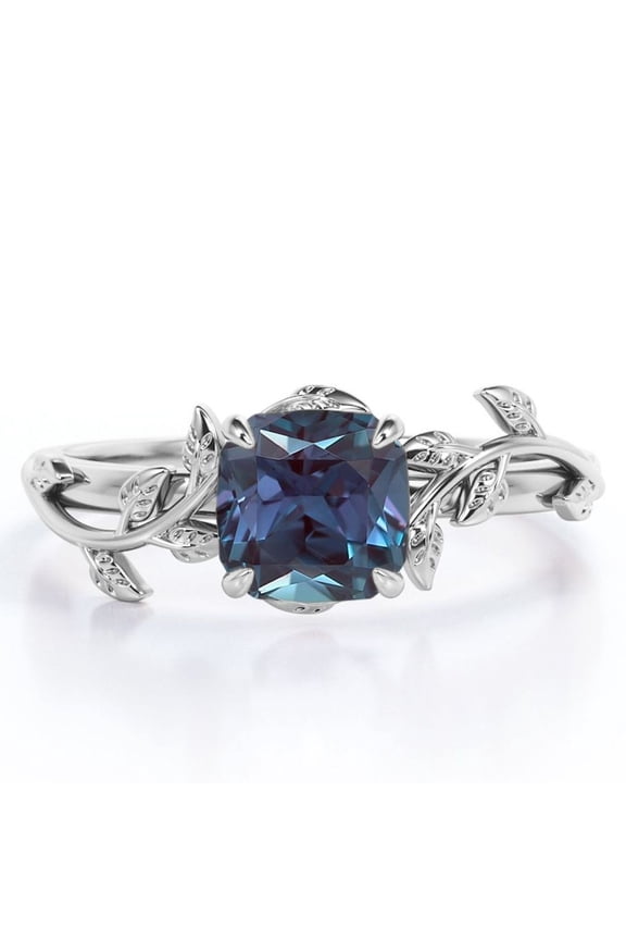 1 Carat Cushion Cut Lab Created Alexandrite - 4 Prong Setting - Nature Inspired Engagement Ring - 18K White Gold Plating over Silver