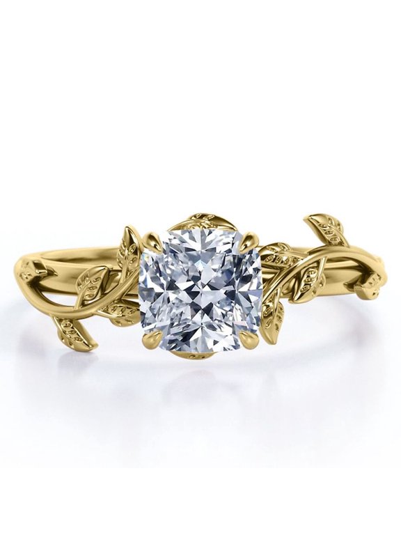 1 Carat Cushion Cut Moissanite - 4 Prong Setting - Nature Inspired Engagement Ring - 18K Yellow Gold Plating over Silver
