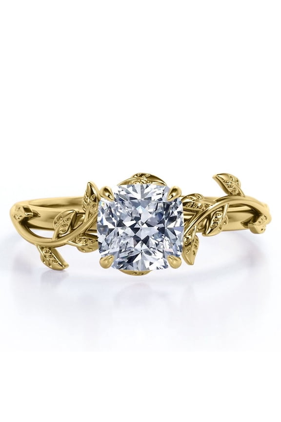 1 Carat Cushion Cut Moissanite - 4 Prong Setting - Nature Inspired Engagement Ring - 18K Yellow Gold Plating over Silver