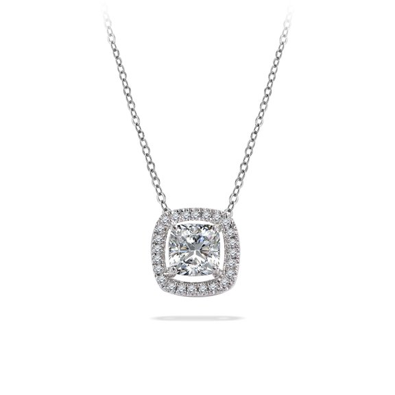 JeenMata 1 Carat Cushion Cut Moissanite Halo Slider Pendant Necklace for Her in 18K White Gold over Silver