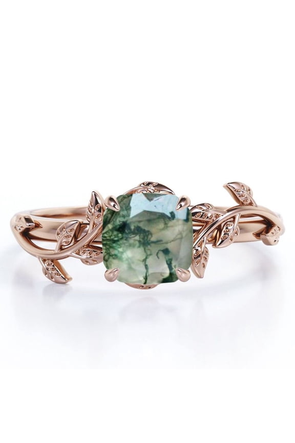 1 Carat Cushion Cut Natural Transparent Moss Green Agate - 4 Prong Setting - Nature Inspired Engagement Ring - 18K Rose Gold Plating over Silver
