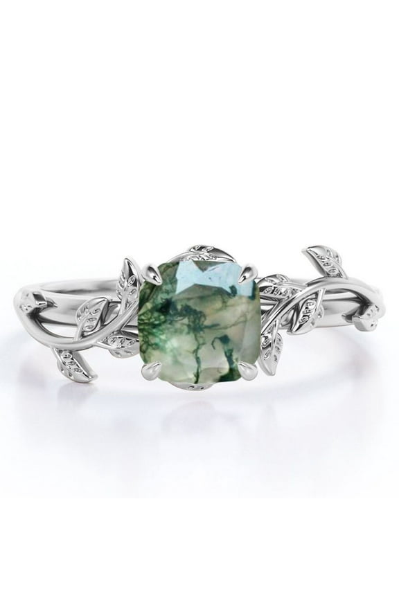 1 Carat Cushion Cut Natural Transparent Moss Green Agate - 4 Prong Setting - Nature Inspired Engagement Ring - 18K White Gold Plating over Silver