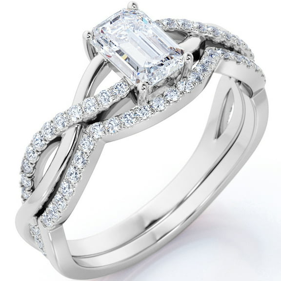 JeenMata 1 Carat Emerald Cut Moissanite Wedding Set - Bridal Set - Classic Ring - Three Stone Ring - 18k White Gold Over Silver