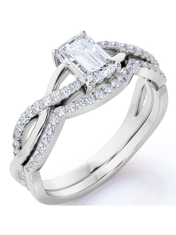 1 Carat Emerald Cut Moissanite Wedding Set - Bridal Set - Classic Ring - Three Stone Ring - 18k White Gold Over Silver