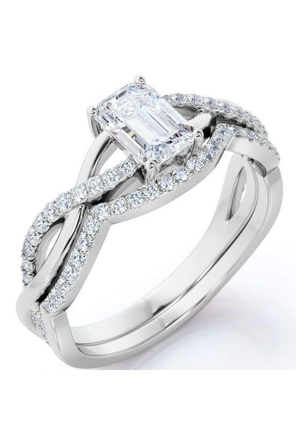 1 Carat Emerald Cut Moissanite Wedding Set - Bridal Set - Classic Ring - Three Stone Ring - 18k White Gold Over Silver