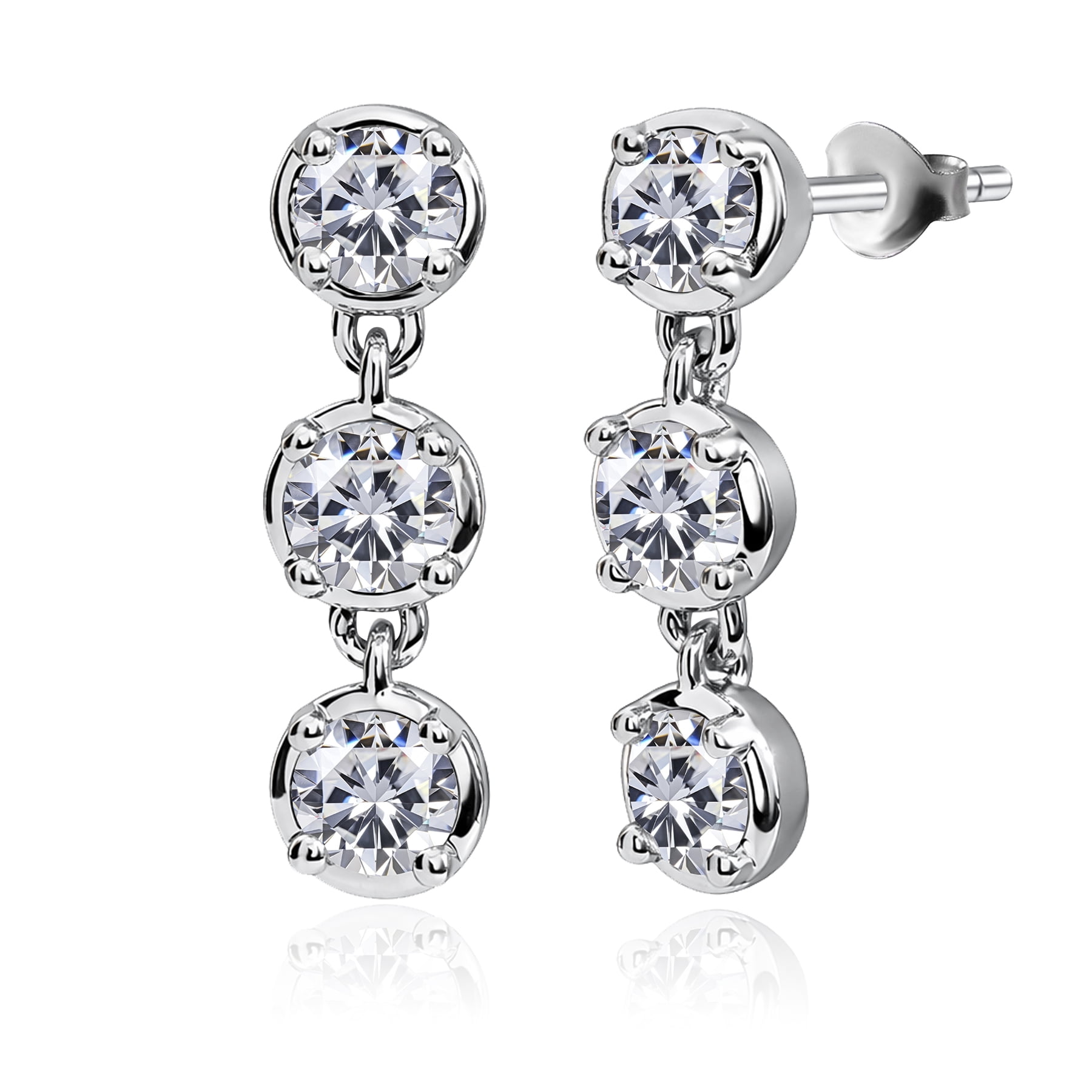 JeenMata 1 Carat Lab Grown Diamond Bezel Drop Earring - Classic Round Cut Three Stones Dangle Earrings in 18K White Gold Plating for Women, Gift for Her