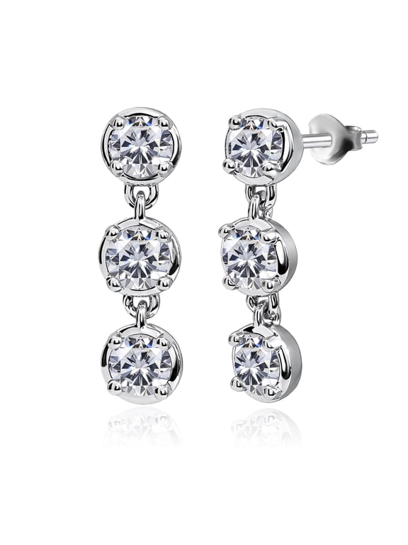1 Carat Lab Grown Diamond Bezel Drop Earring - Classic Round Cut Three Stones Dangle Earrings in 18K White Gold Plating for Women, Gift for Her