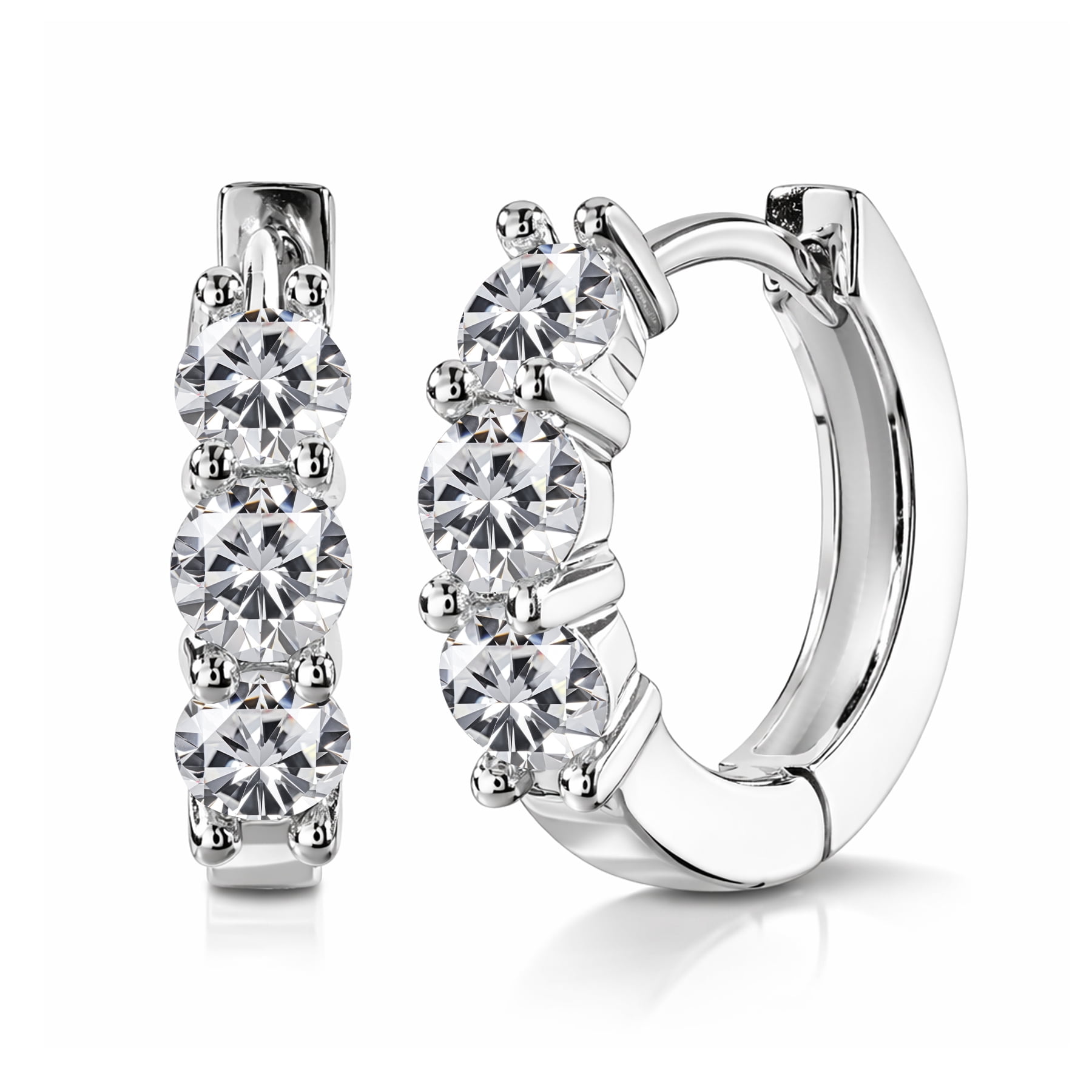 JeenMata 1 Carat Lab Grown Diamond Huggie Hoop Earring - Round Cut Three Stones Huggie Earrings in 18K White Gold Plating for Women, Gift for Her
