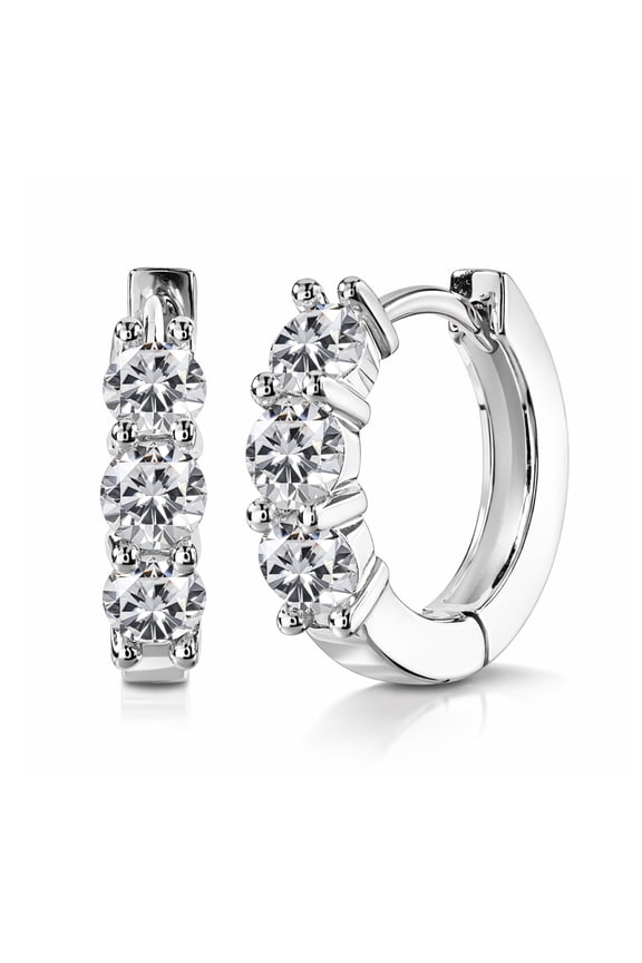 1 Carat Lab Grown Diamond Huggie Hoop Earrings - Round Cut Three Stones Huggie Earrings in 18K White Gold Plating for Women