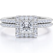 JeenMata 1 Carat Lab Grown Diamond Princess Cut - Forever Halo Bridal Ring Set with Pave Wedding Band in 10K White Gold