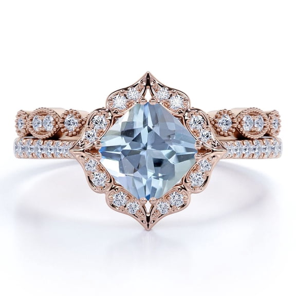 JeenMata 1 Carat Milgrain Cushion Shape Brazilian Created Aquamarine and Moissanite Filigree Mini-Pave Bridal Ring Set In 18K Rose Gold Plating Over Silver