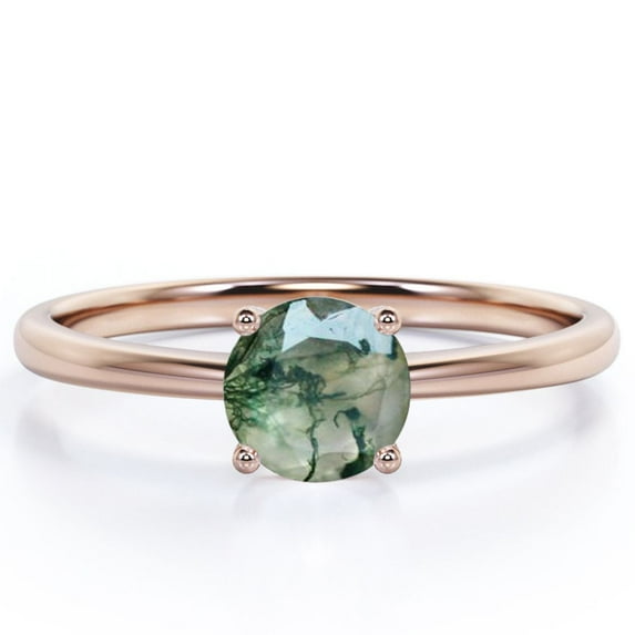 JeenMata 1 Carat Mono-Stone Cathedral Round Shape Natural Transparent Dendritic Moss Green Agate 4 Prong Set Engagement Ring In 18K Rose Gold Plating Over Silver